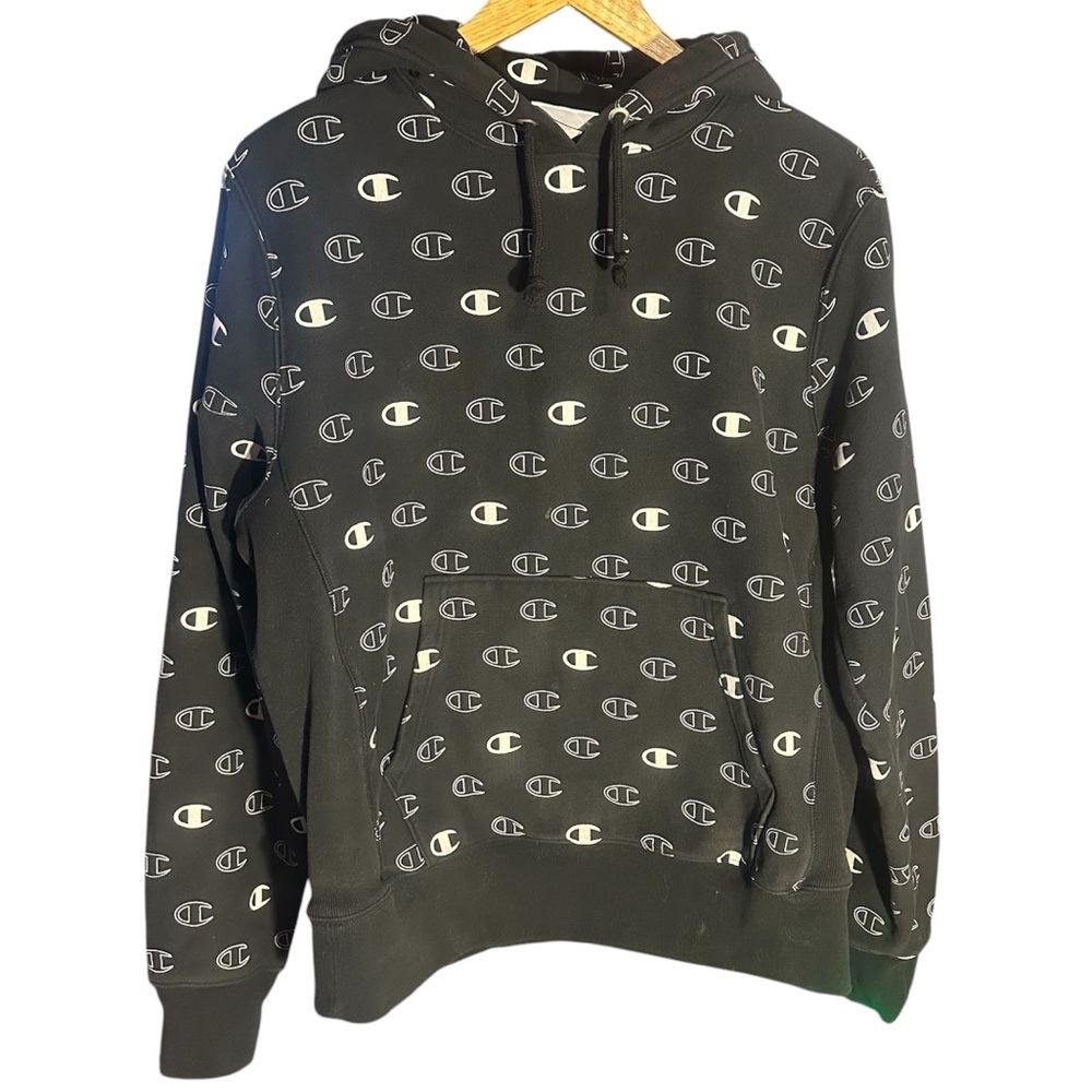 VTG Champion Hoodie Sweatshirt Reverse Weave Mens M Black White Fleece Pullover